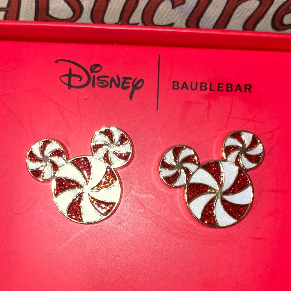 Disney x BAUBLEBAR Minnie Mouse Rhinestone Candy Cane Swirl earrings - NIB